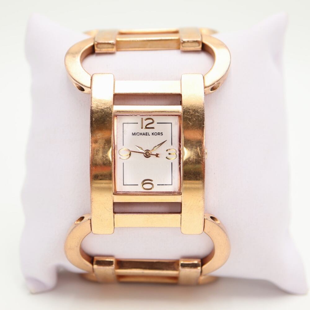 Michael Kors Rose Gold Tone 27mm Rectangle Dial Watch Chain Bracelet New Battery